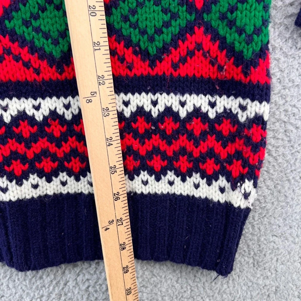Bravo Handknits Fair Isle Sweater Mens Medium Red Navy Blue Acrylic Crew Neck